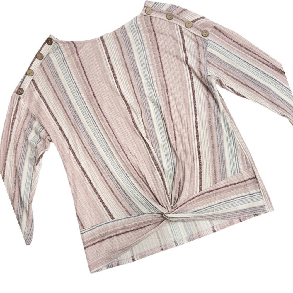 Above and Beyond Pink Striped Twist Front Button Shoulder Knit Top PXL MT7039PLS